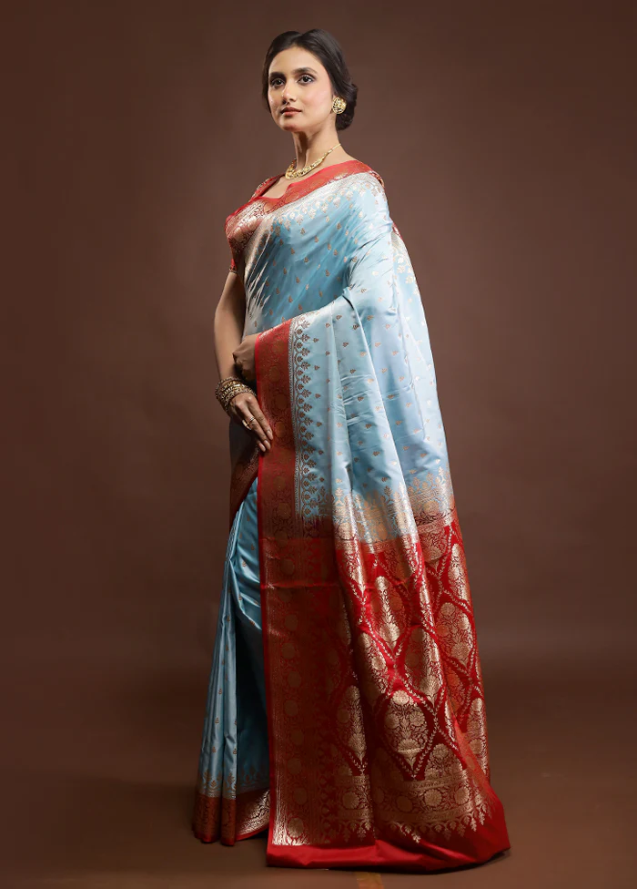 Blue Banarasi Silk Saree With Blouse Piece - Image 4