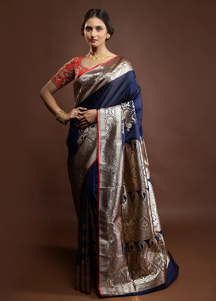 Blue Banarasi Silk Saree With Blouse Piece - Image 2