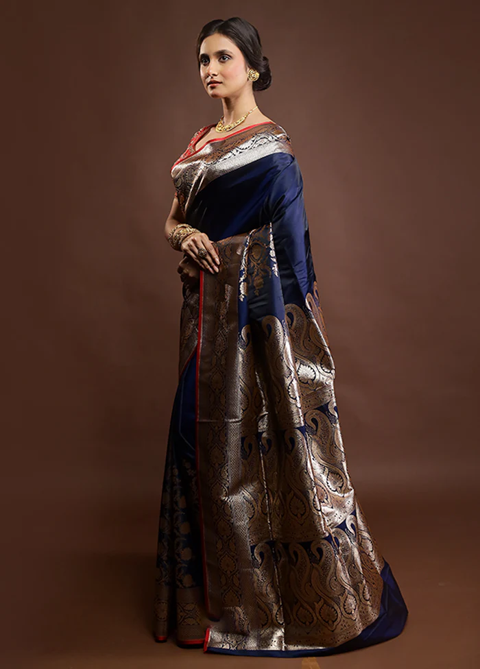Blue Banarasi Silk Saree With Blouse Piece - Image 4