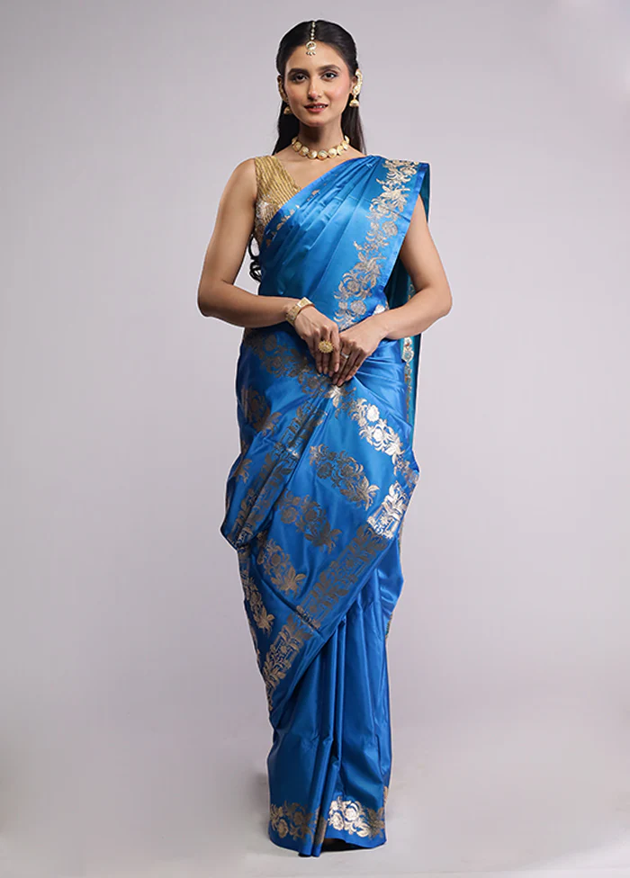 Blue Banarasi Silk Saree With Blouse Piece - Image 2