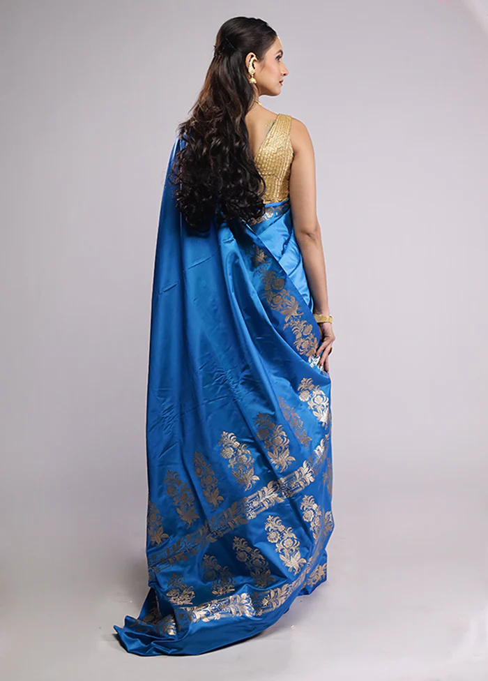 Blue Banarasi Silk Saree With Blouse Piece - Image 3