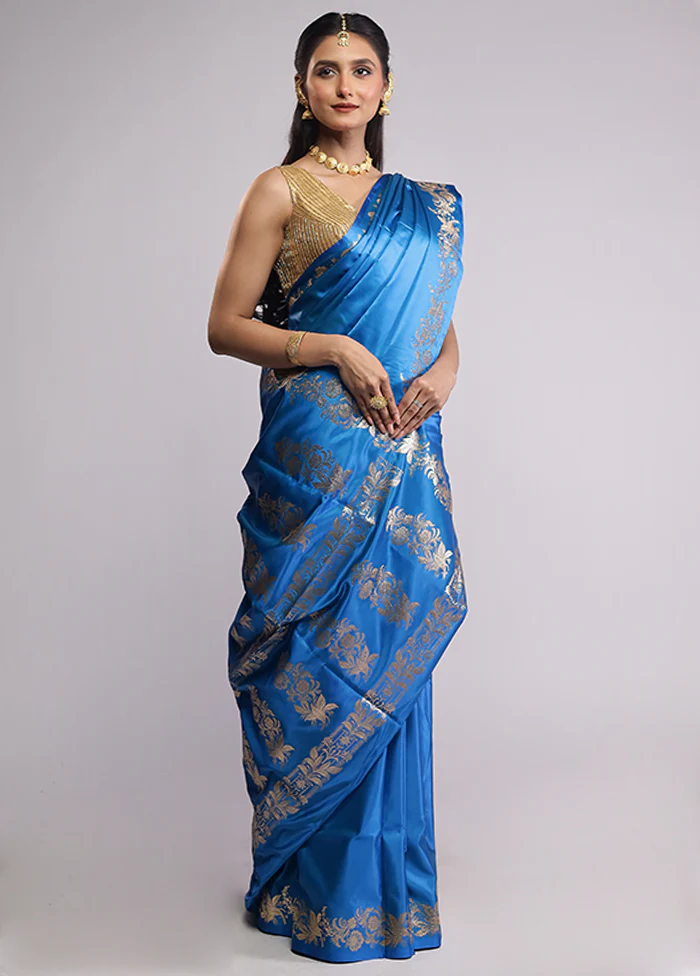 Blue Banarasi Silk Saree With Blouse Piece - Image 4
