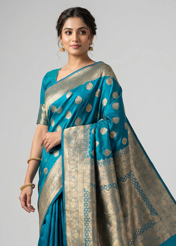 Blue Banarasi Silk Saree With Blouse Piece - Image 2