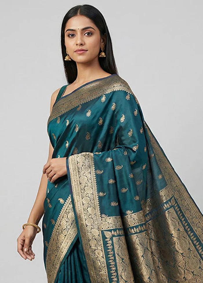 Blue Banarasi Silk Saree With Blouse Piece - Image 2