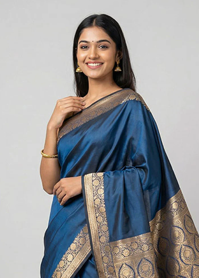 Blue Banarasi Silk Saree With Blouse Piece - Image 2