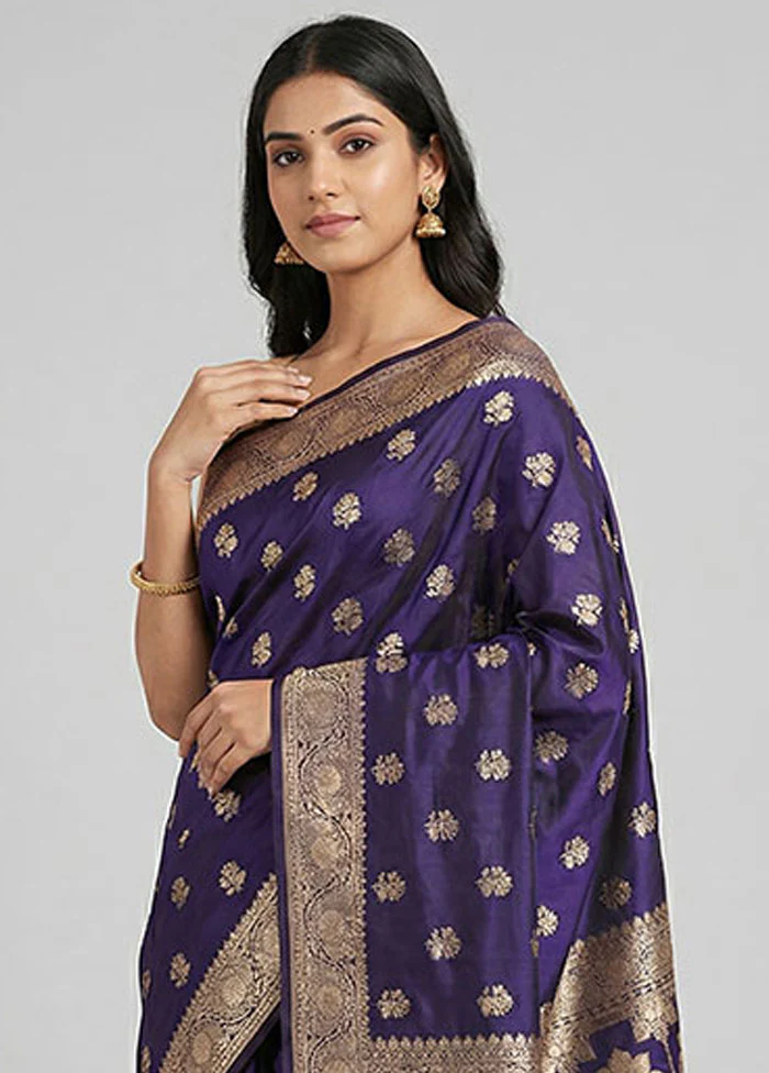 Blue Banarasi Silk Saree With Blouse Piece - Image 2