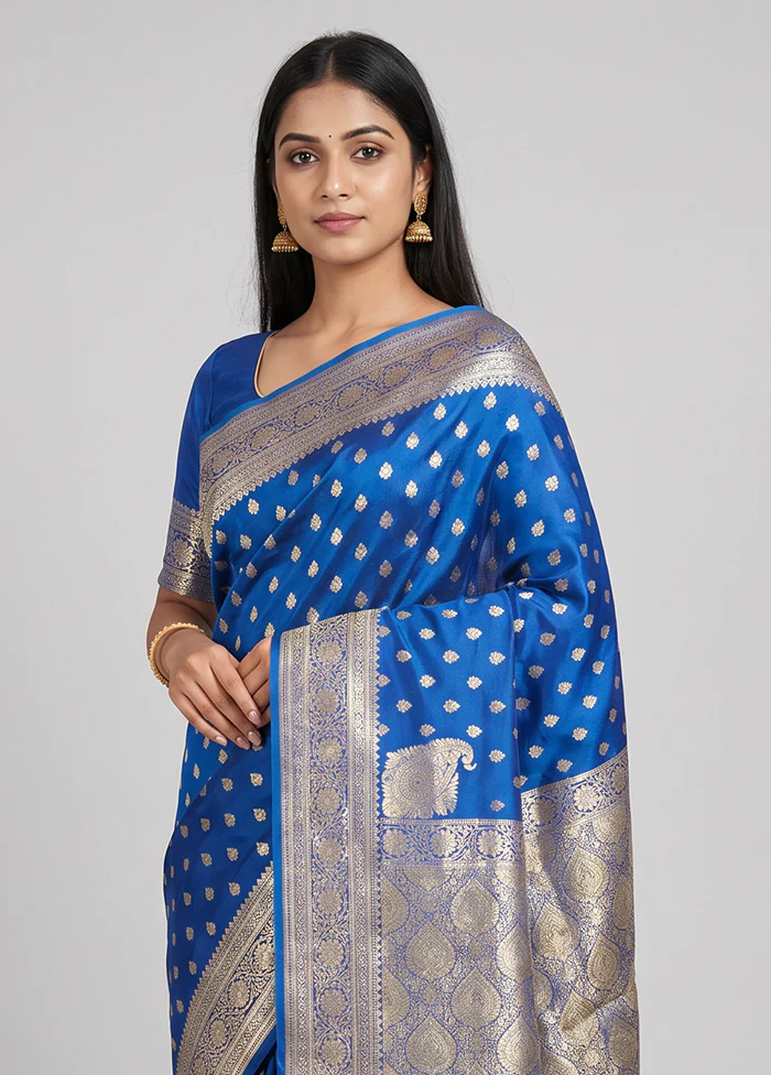 Blue Banarasi Silk Saree With Blouse Piece - Image 2
