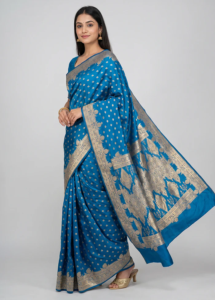 Blue Banarasi Silk Saree With Blouse Piece