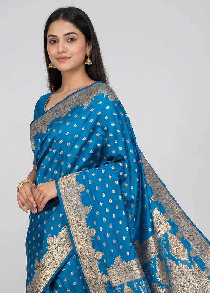 Blue Banarasi Silk Saree With Blouse Piece - Image 2