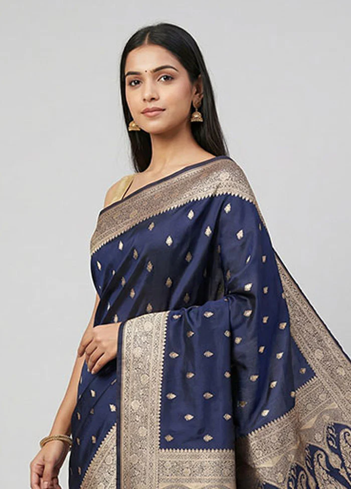 Blue Banarasi Silk Saree With Blouse Piece - Image 2
