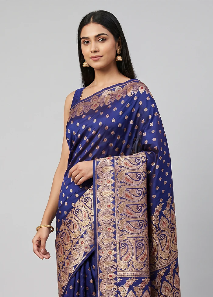 Blue Banarasi Silk Saree With Blouse Piece - Image 2