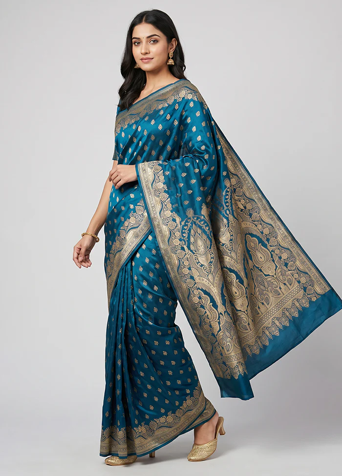Blue Banarasi Silk Saree With Blouse Piece