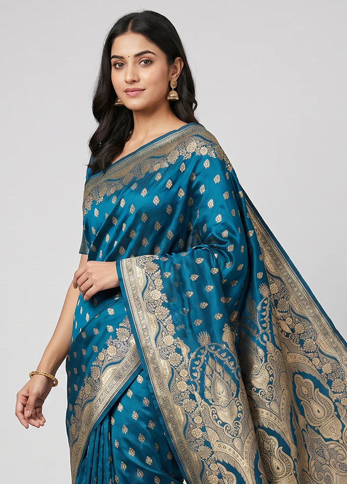 Blue Banarasi Silk Saree With Blouse Piece - Image 2