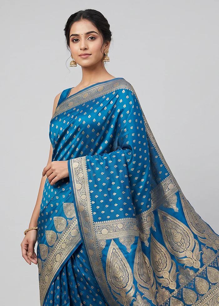 Blue Banarasi Silk Saree With Blouse Piece - Image 2