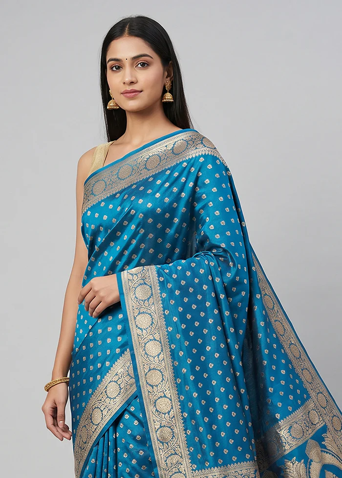 Blue Banarasi Silk Saree With Blouse Piece - Image 2