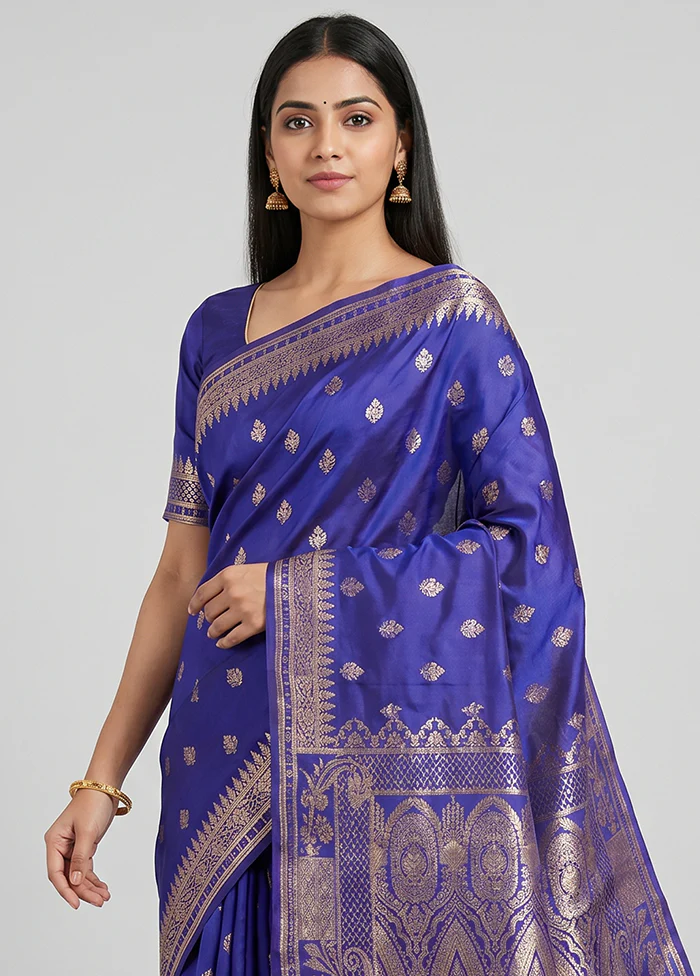 Blue Banarasi Silk Saree With Blouse Piece - Image 2