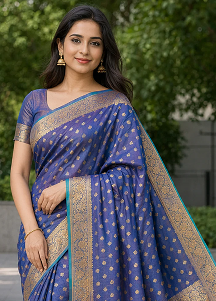 Blue Banarasi Silk Saree With Blouse Piece - Image 2