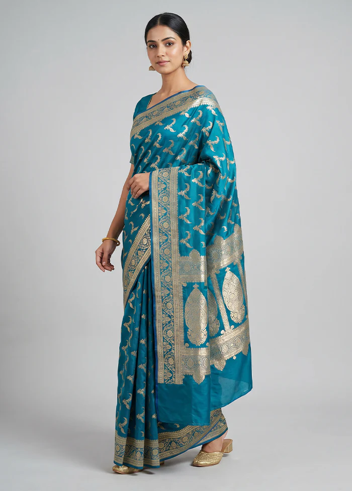 Blue Banarasi Silk Saree With Blouse Piece