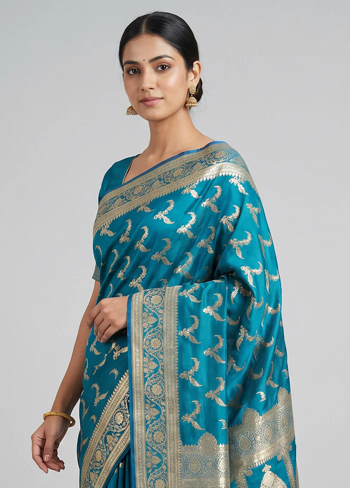 Blue Banarasi Silk Saree With Blouse Piece - Image 2