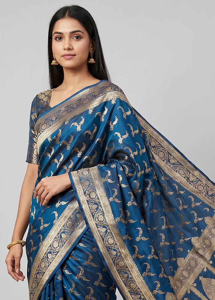 Blue Banarasi Silk Saree With Blouse Piece - Image 2