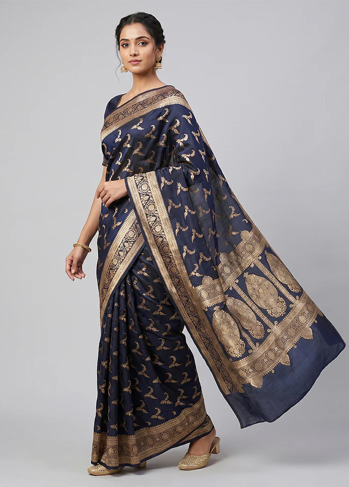 Blue Banarasi Silk Saree With Blouse Piece