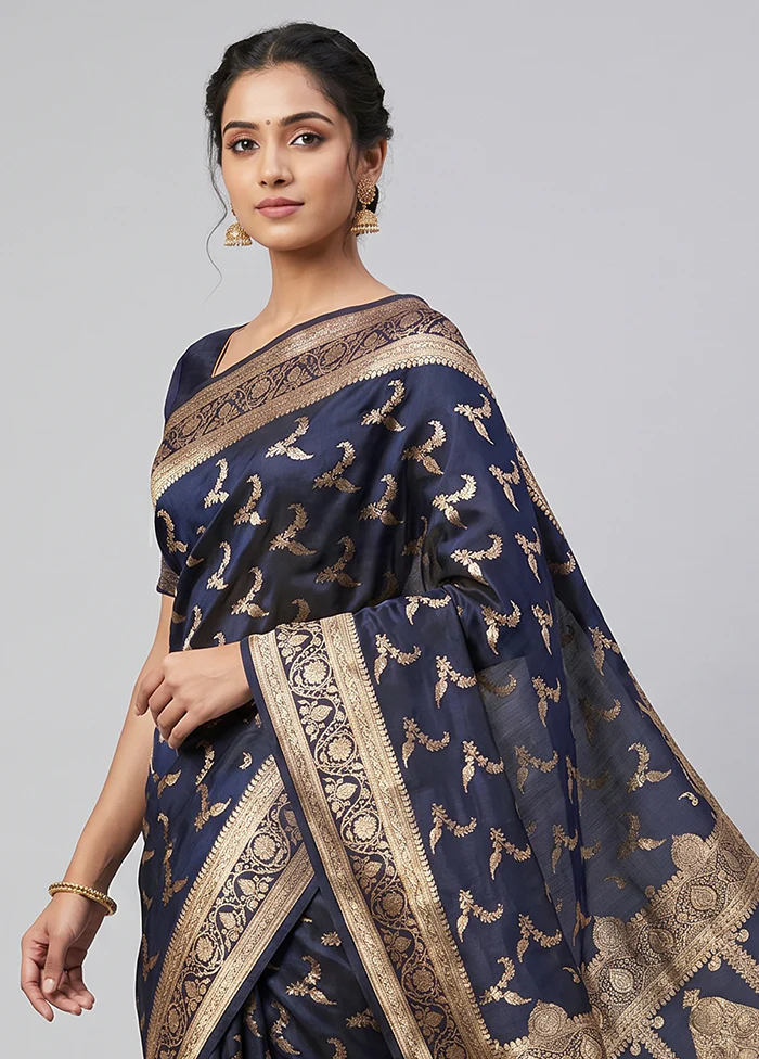 Blue Banarasi Silk Saree With Blouse Piece - Image 2