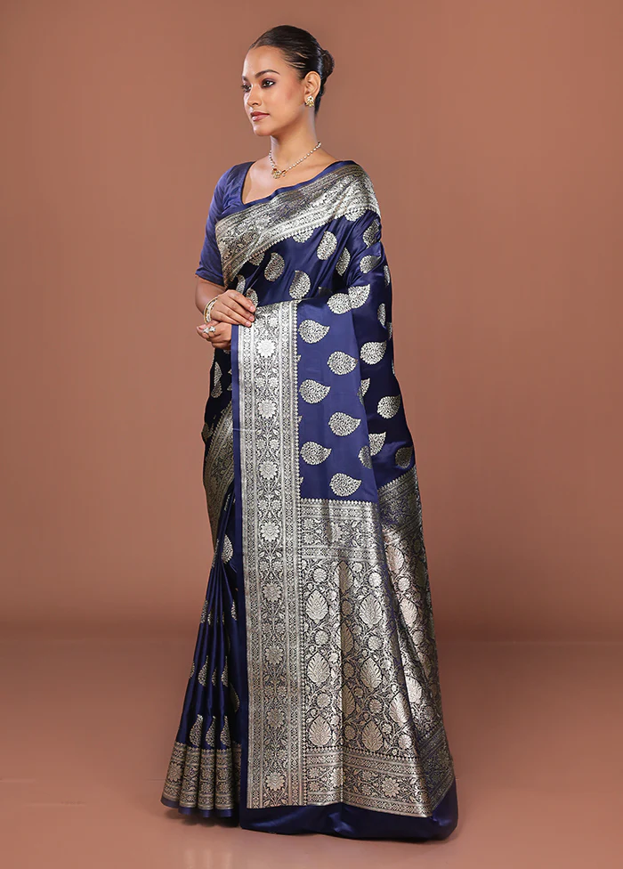 Blue Banarasi Silk Saree With Blouse Piece - Image 4