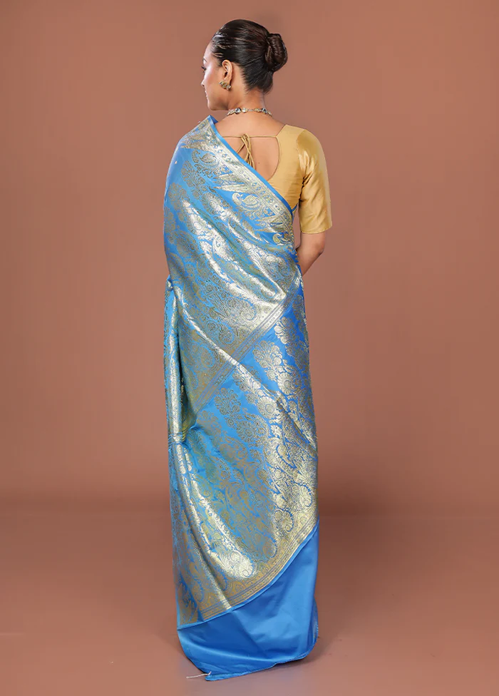 Blue Banarasi Silk Saree With Blouse Piece - Image 3
