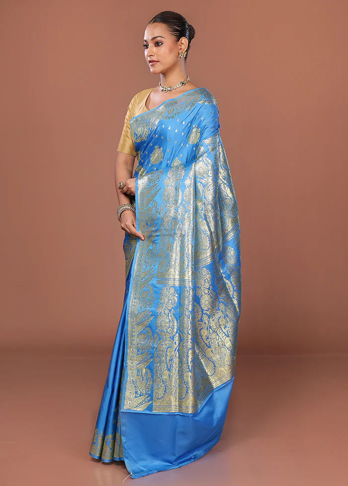 Blue Banarasi Silk Saree With Blouse Piece - Image 4
