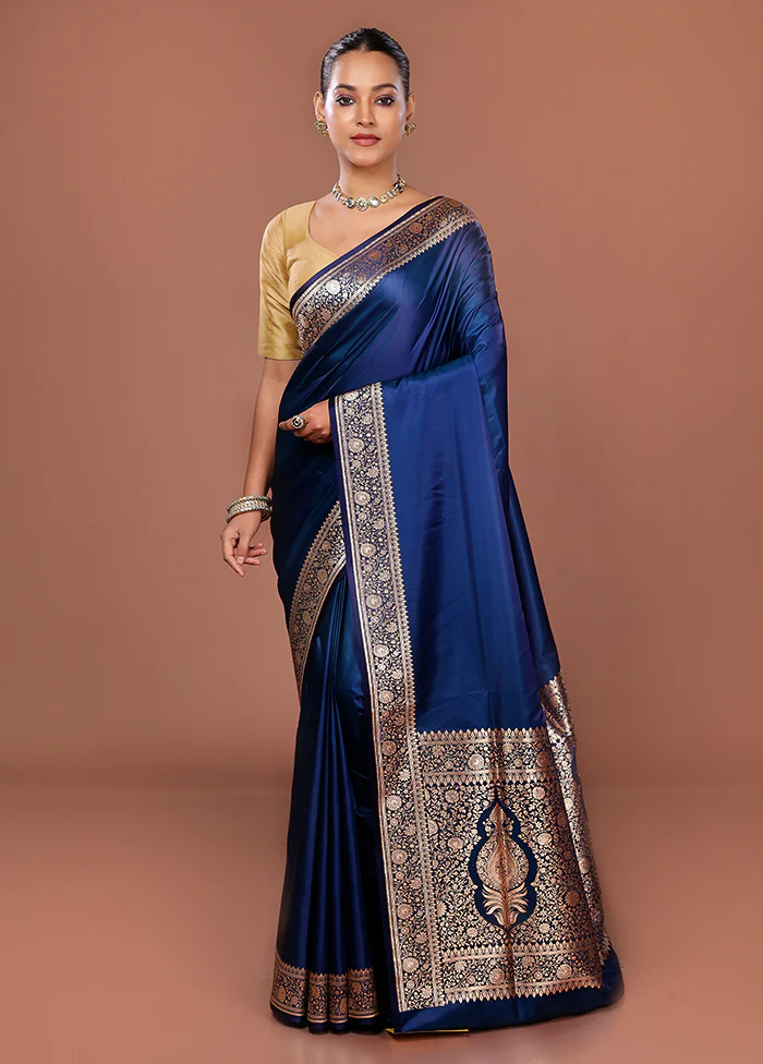Blue Banarasi Silk Saree With Blouse Piece - Image 2