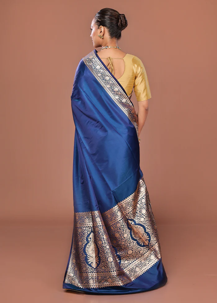 Blue Banarasi Silk Saree With Blouse Piece - Image 3