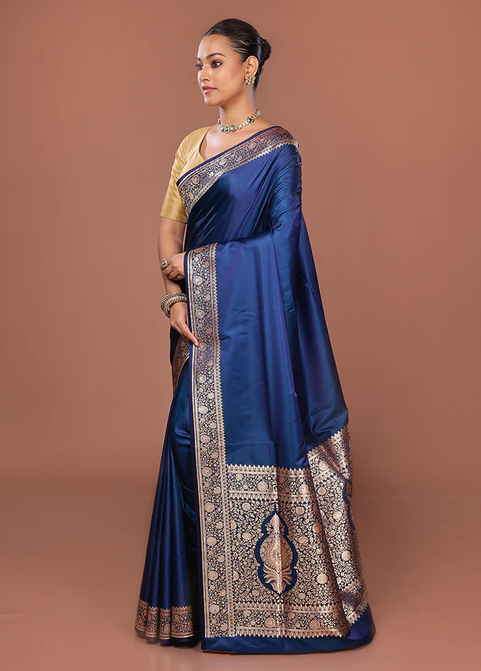 Blue Banarasi Silk Saree With Blouse Piece - Image 4
