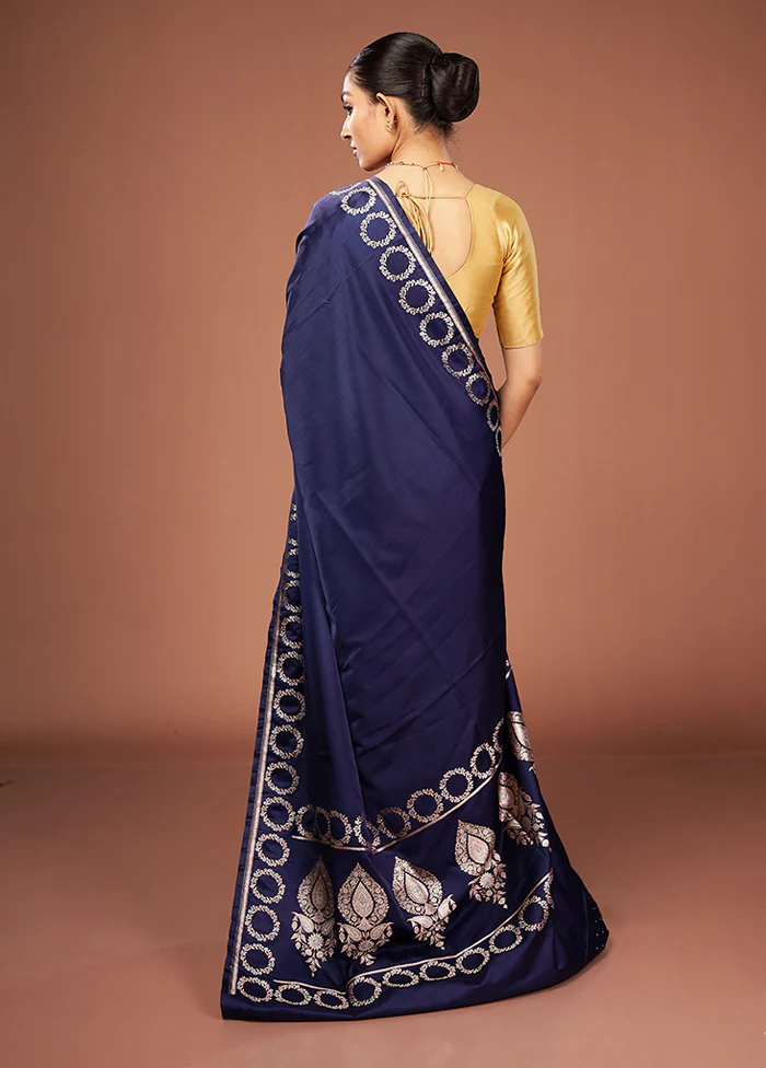 Blue Banarasi Silk Saree With Blouse Piece - Image 3