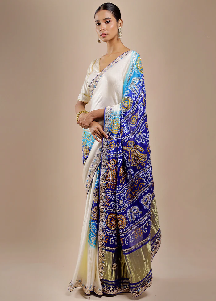 White Bandhej Pure Silk Saree Without Blouse Piece - Image 2