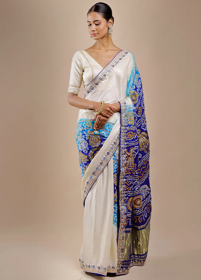 White Bandhej Pure Silk Saree Without Blouse Piece - Image 3