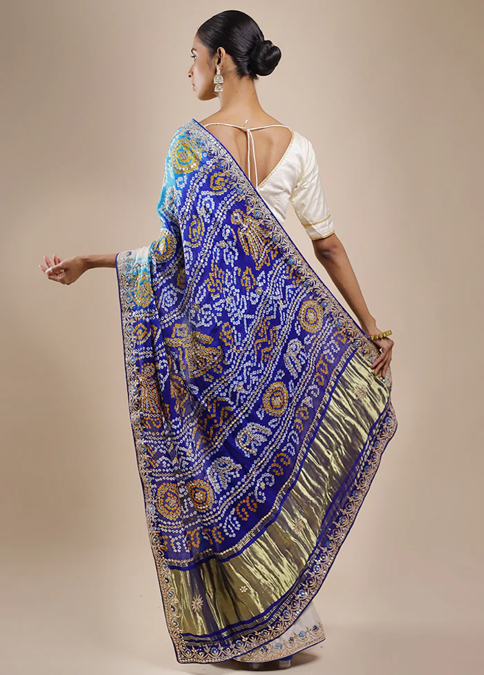 White Bandhej Pure Silk Saree Without Blouse Piece - Image 4
