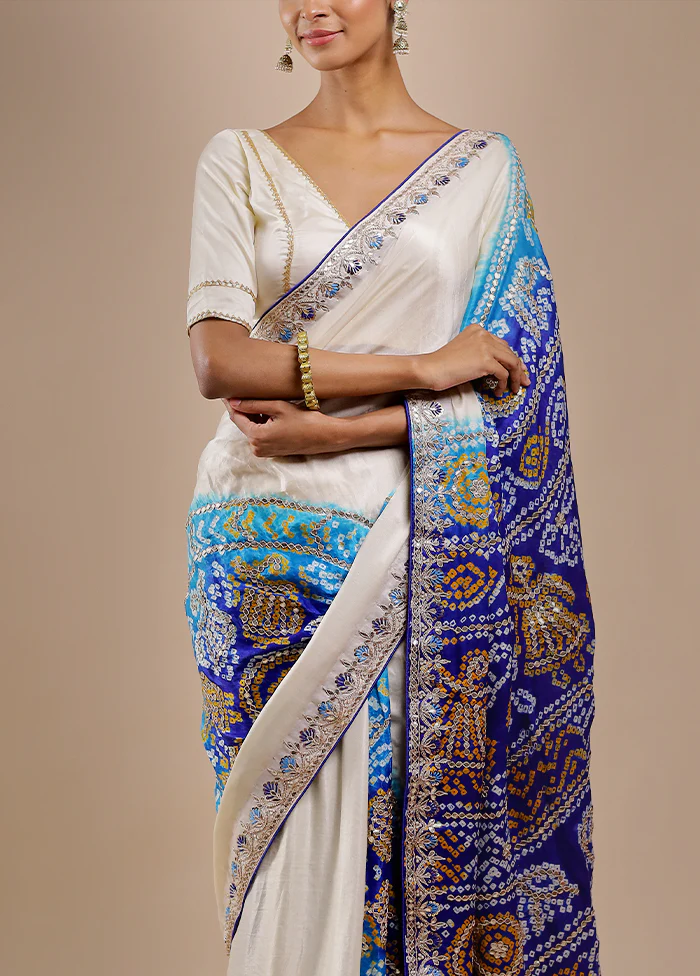 White Bandhej Pure Silk Saree Without Blouse Piece - Image 5