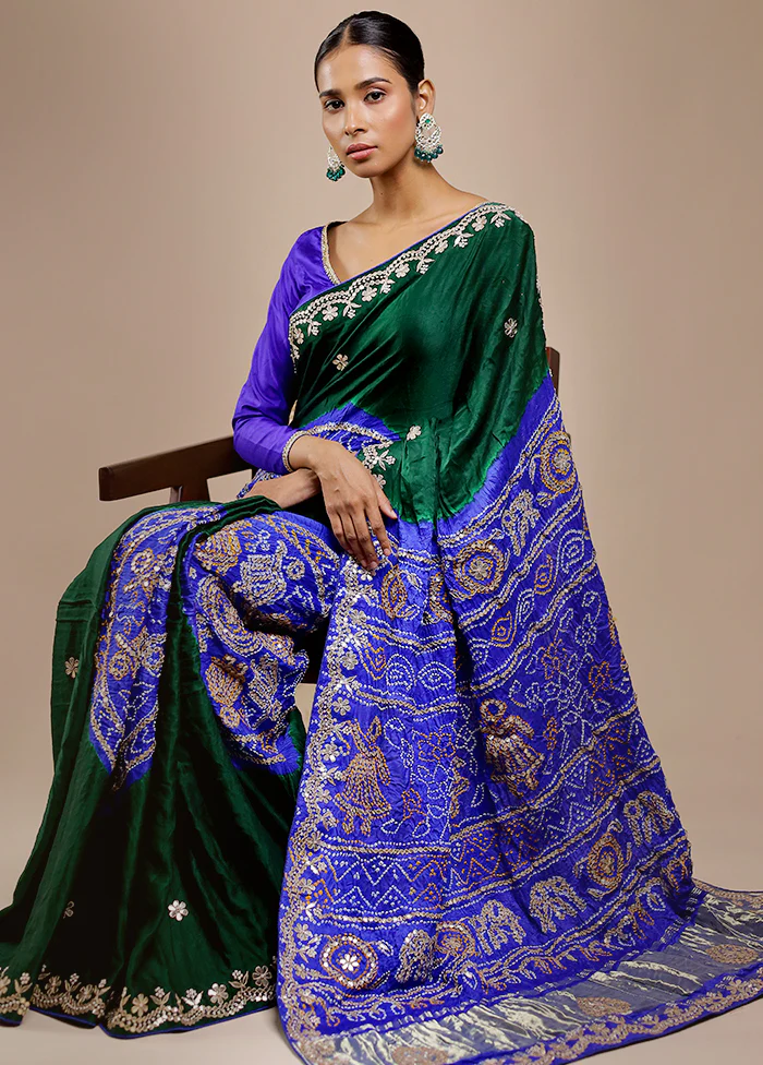 Green Bandhej Pure Silk Saree Without Blouse Piece - Image 3