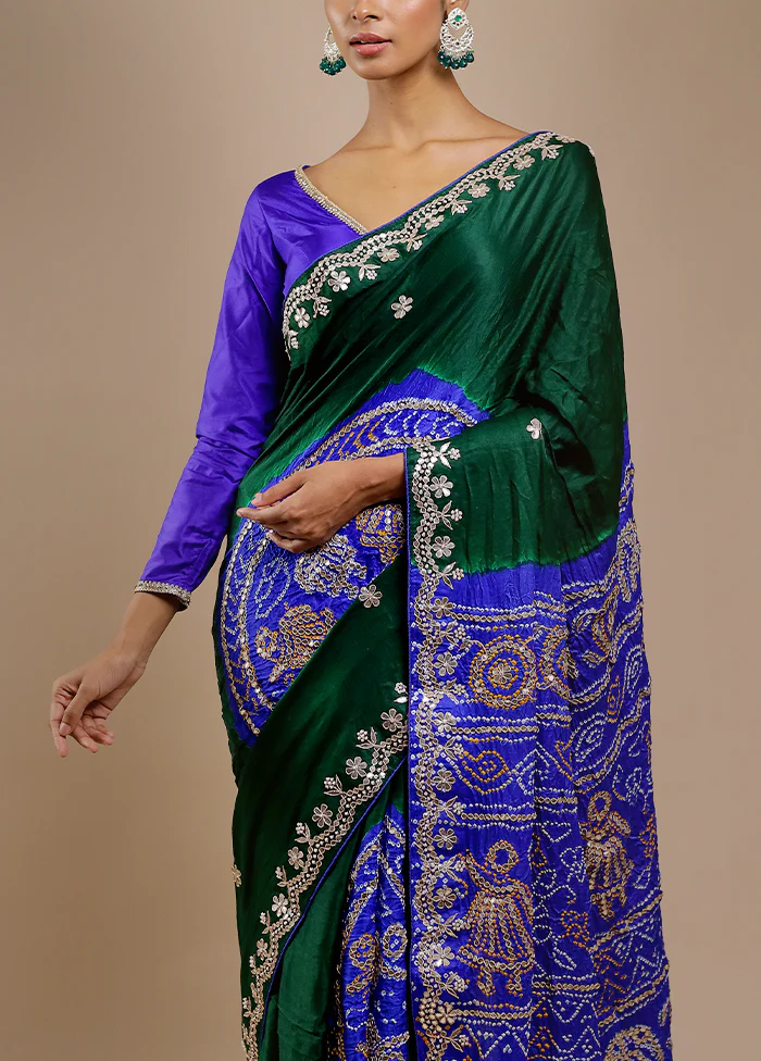 Green Bandhej Pure Silk Saree Without Blouse Piece - Image 4