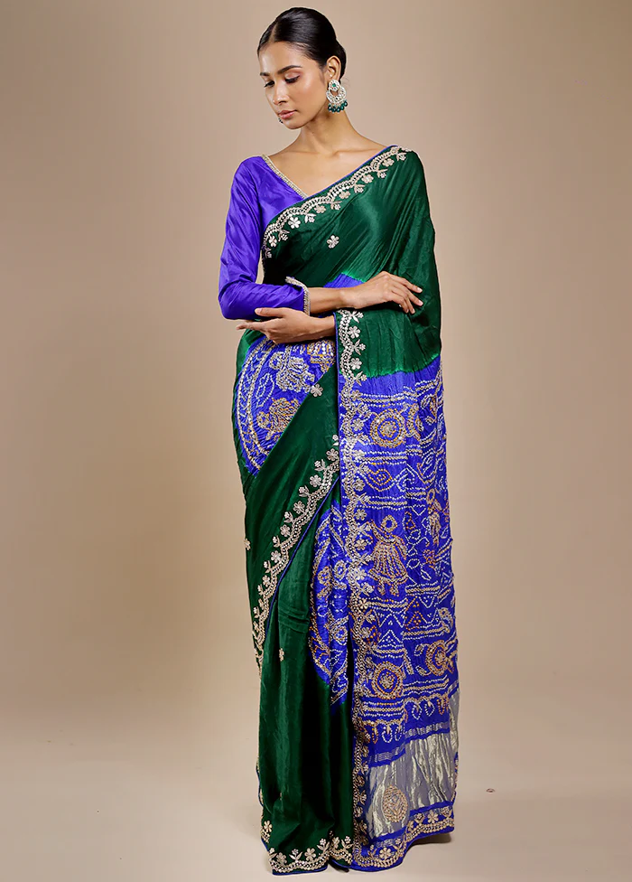 Green Bandhej Pure Silk Saree Without Blouse Piece - Image 5