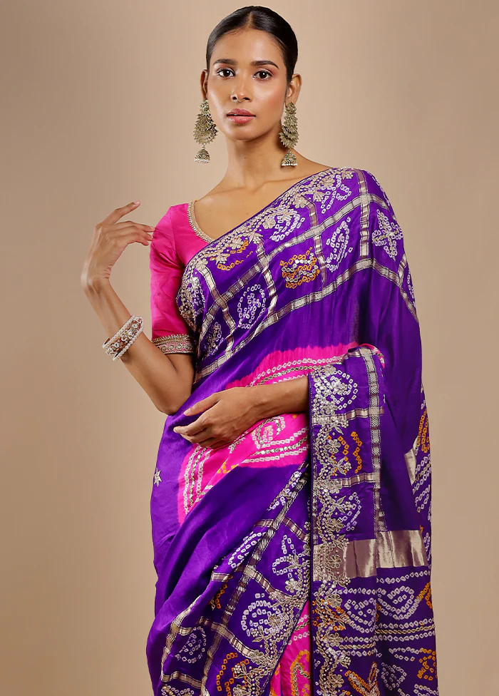Blue Bandhej Pure Silk Saree Without Blouse Piece - Image 2