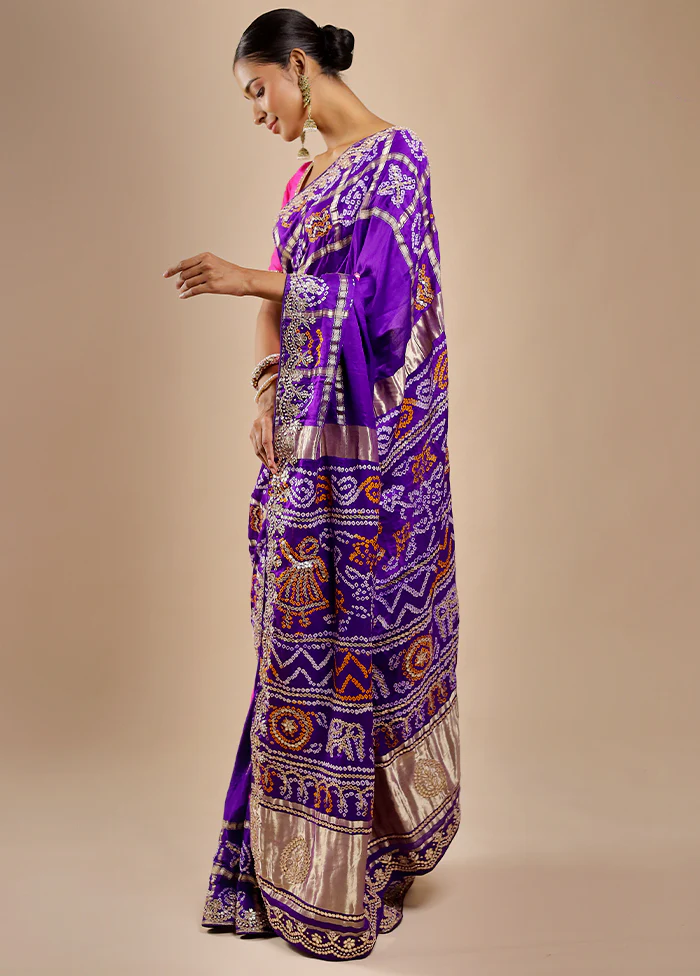 Blue Bandhej Pure Silk Saree Without Blouse Piece - Image 3