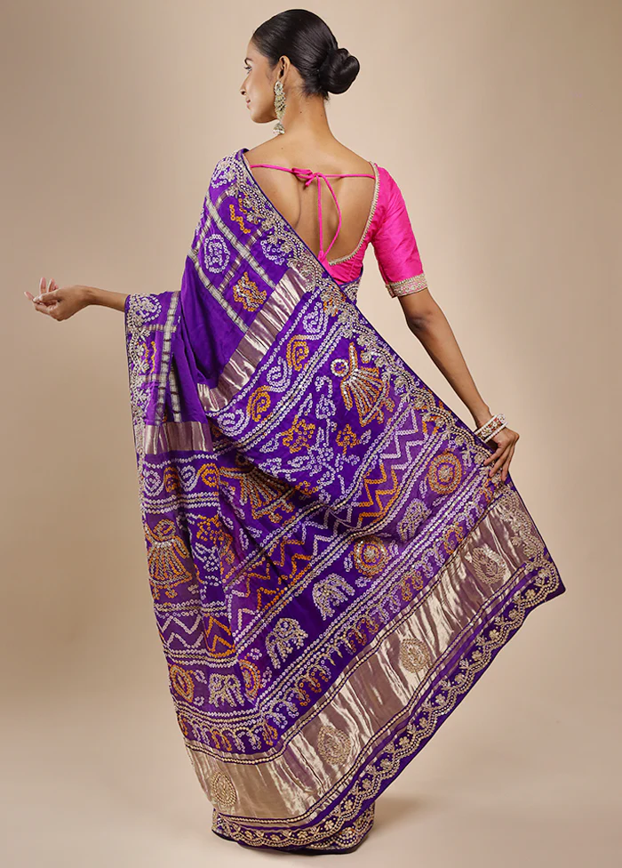 Blue Bandhej Pure Silk Saree Without Blouse Piece - Image 4