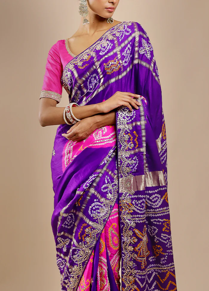 Blue Bandhej Pure Silk Saree Without Blouse Piece - Image 5