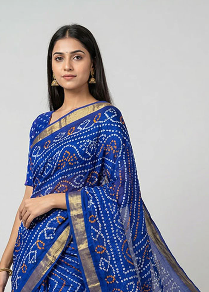 Blue Bandhej Silk Saree With Blouse Piece - Image 2