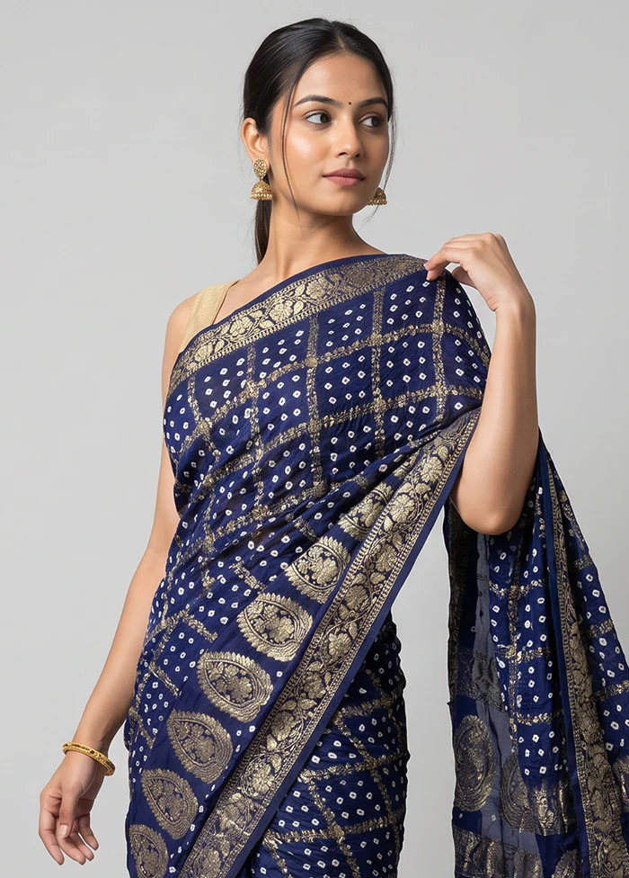 Blue Bandhej Silk Saree With Blouse Piece - Image 2