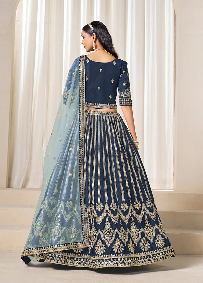 Blue Blended Silk Dupatta Lehenga Set - Image 3