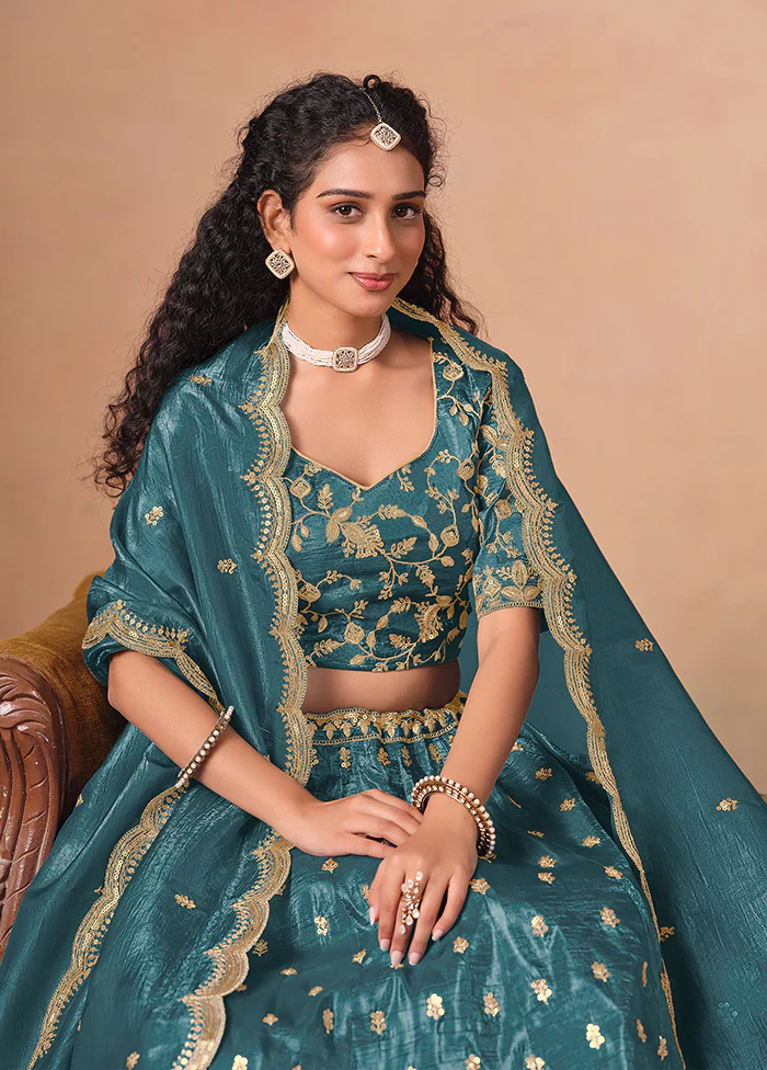 Blue Blended Silk Lehenga Set - Image 2