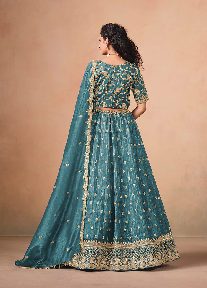 Blue Blended Silk Lehenga Set - Image 3