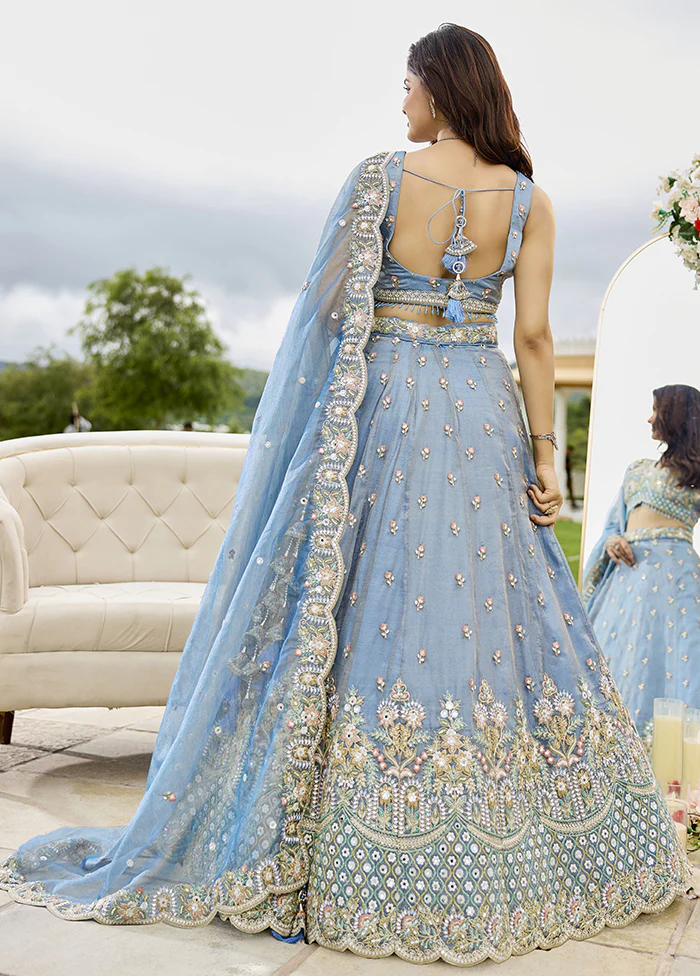 Blue Blended Silk Lehenga Set - Image 3